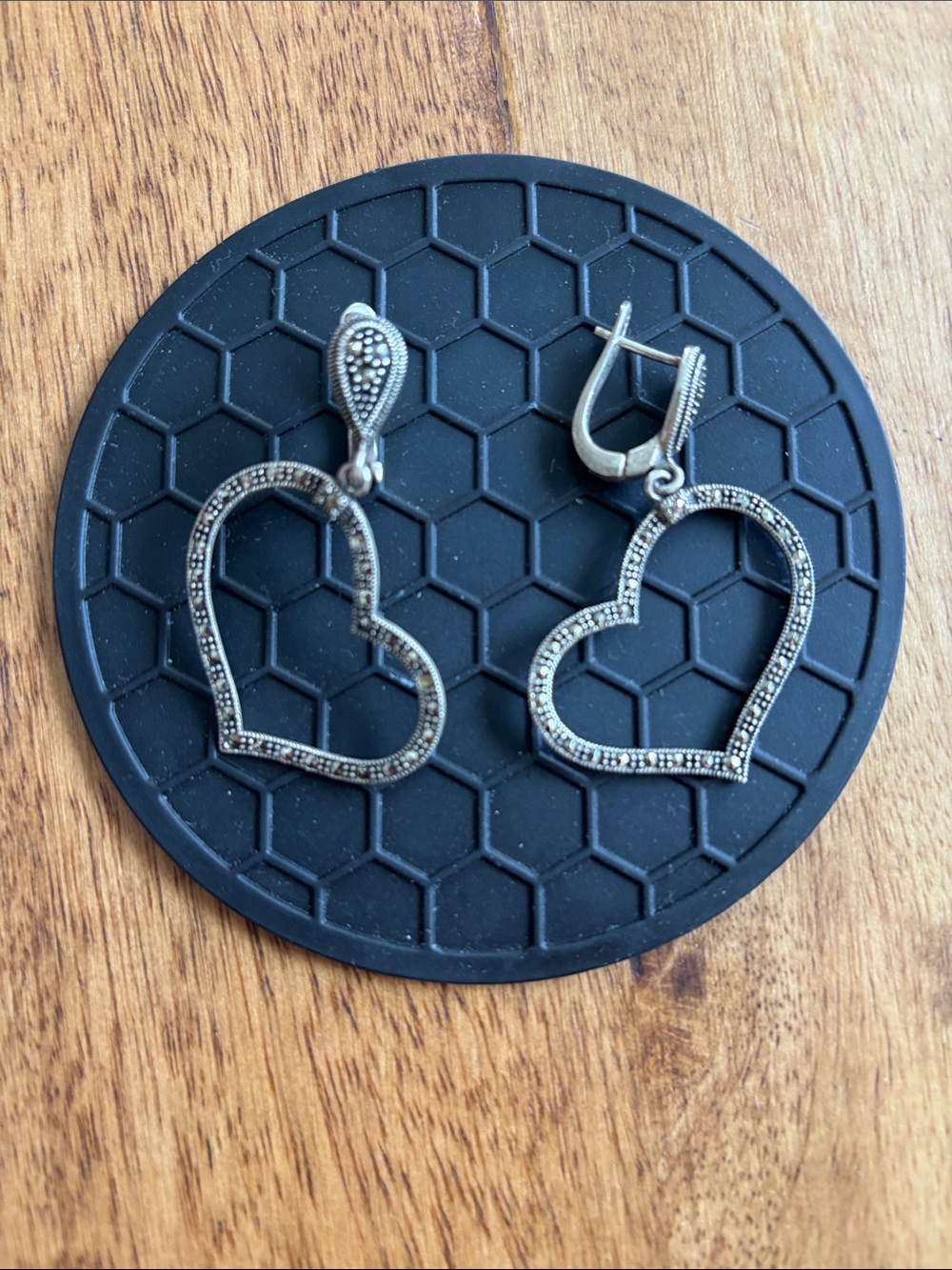 Silver Heart Outline Drop Earrings with Marcasite Accents
